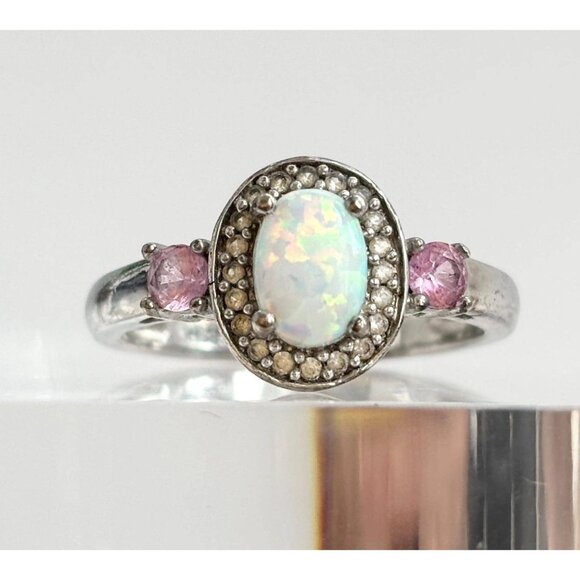 Jewelry - Natural White Opal & Pink Sapphire Sterling Silver Vintage Ring - sz 6.75
